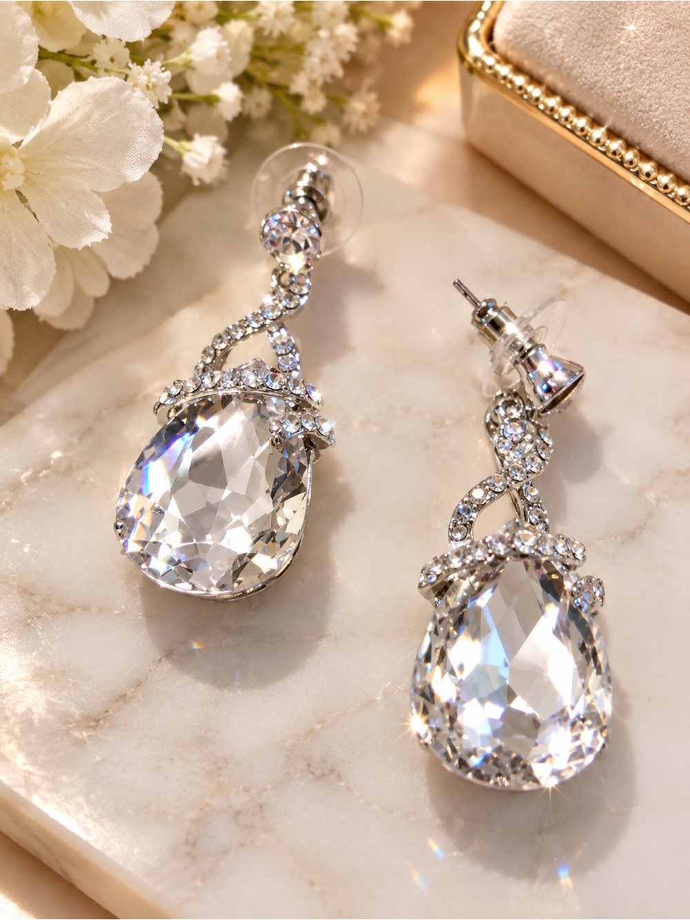 Crystal Teardrop Dangle Earrings - Clear Crystal Silver Tone